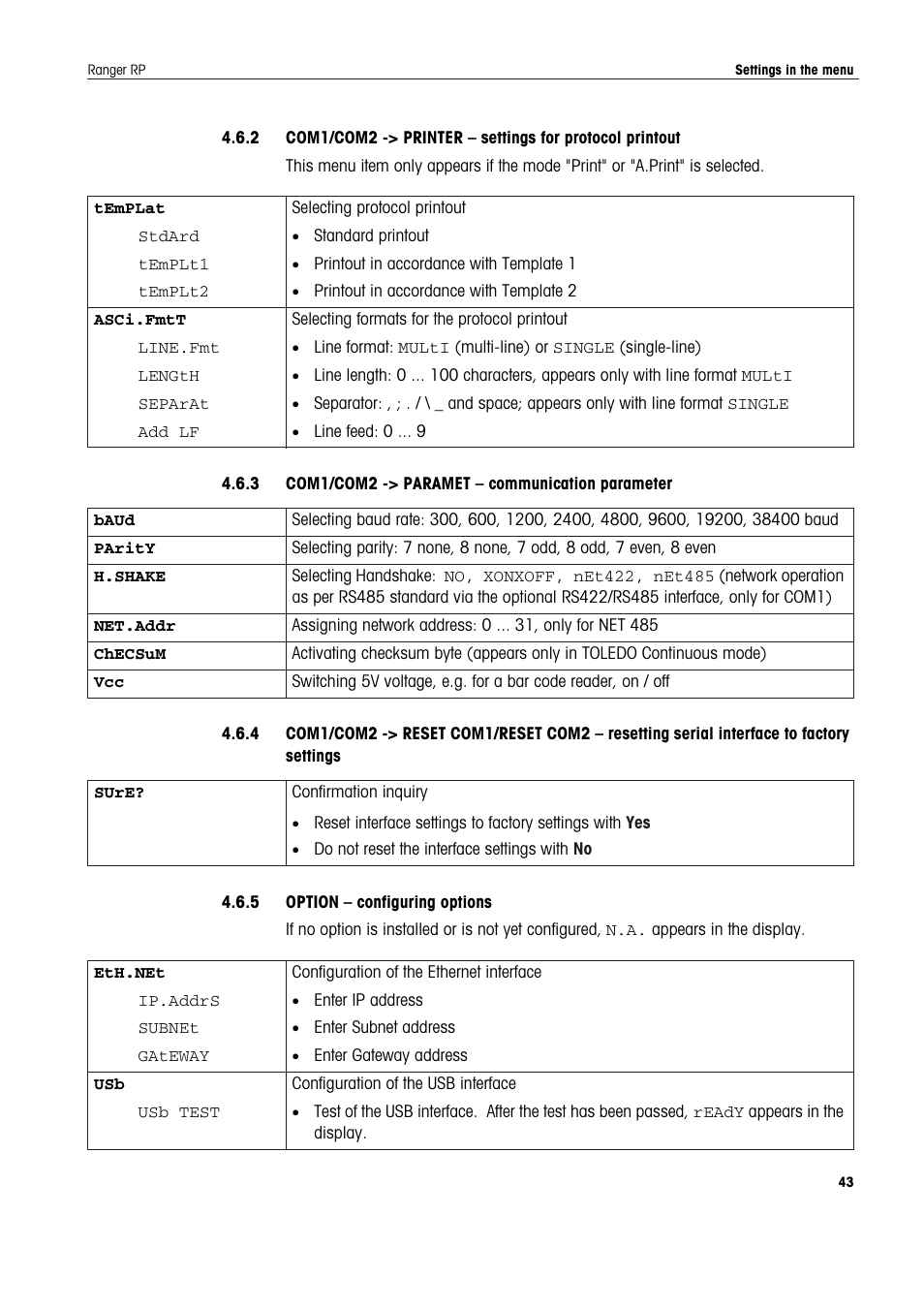 3 com1/com2 -> paramet - communication parameter, 5 option - configuring options | Ohaus RANGER ADVANCED COMPACT COUNTING SCALES Manual en User Manual | Page 43 / 72
