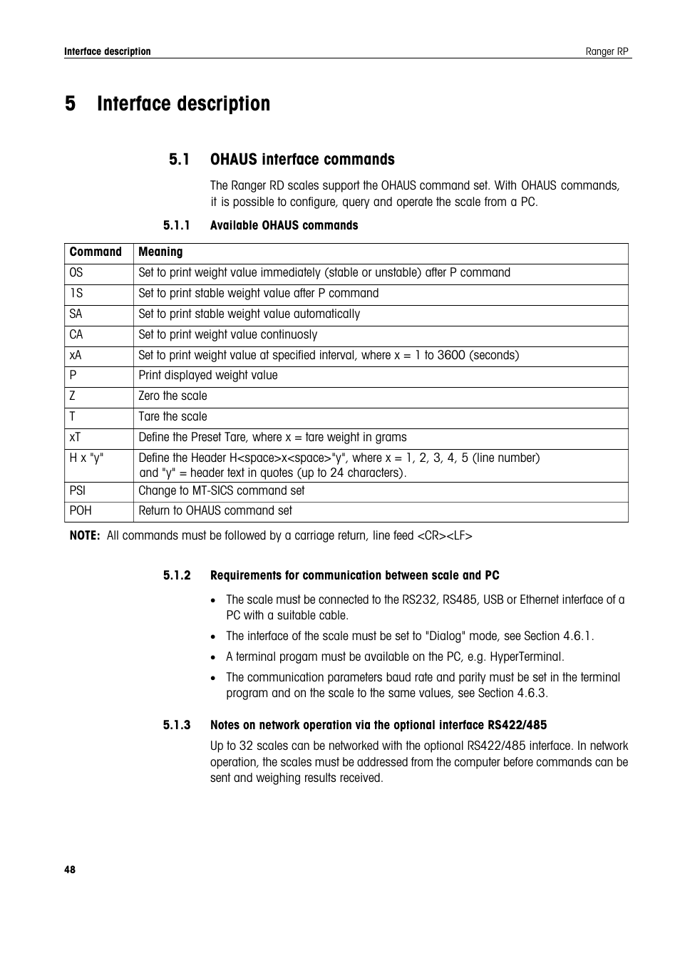 5 interface description, 1 ohaus interface commands | Ohaus RANGER ADVANCED COMPACT COUNTING SCALES Manual en User Manual | Page 48 / 72