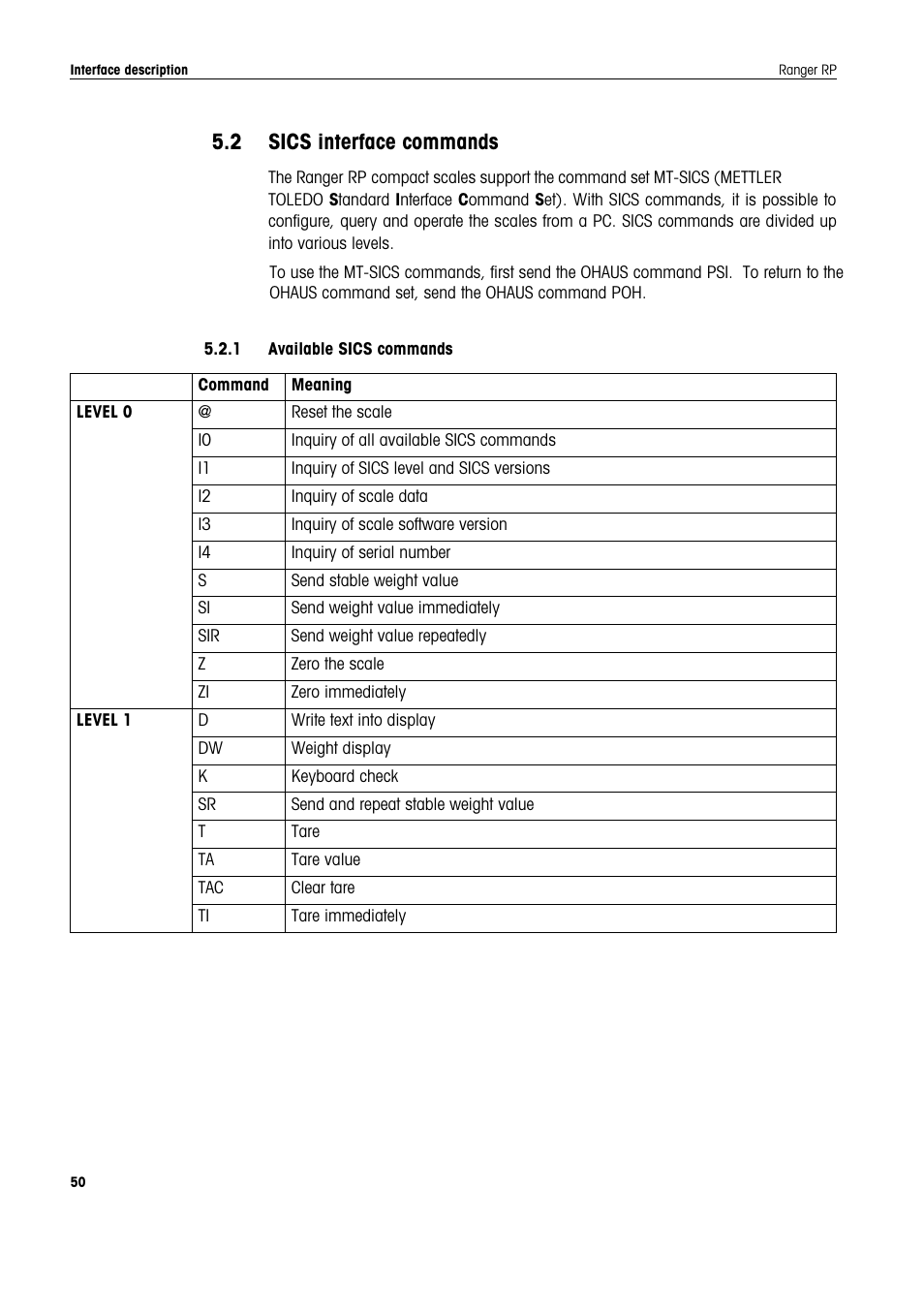 5 interface description, 1 sics interface commands, 1 available sics commands | Interface description, Ohaus interface commands, 2 sics interface commands | Ohaus RANGER ADVANCED COMPACT COUNTING SCALES Manual en User Manual | Page 50 / 72