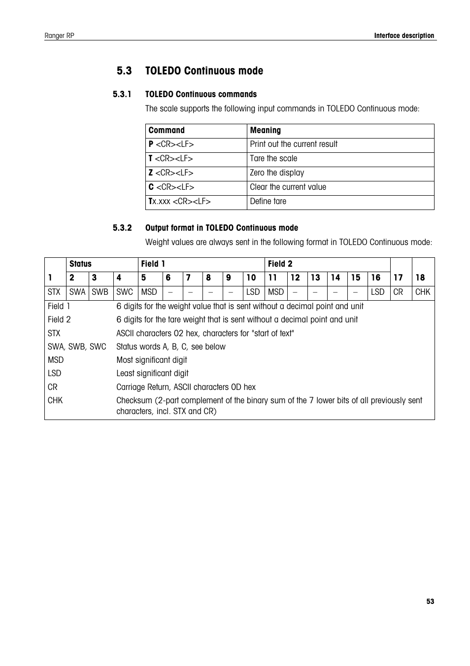2 toledo continuous mode, 1 toledo continuous commands, 2 output format in toledo continuous mode | Sics interface commands, 3 toledo continuous mode | Ohaus RANGER ADVANCED COMPACT COUNTING SCALES Manual en User Manual | Page 53 / 72