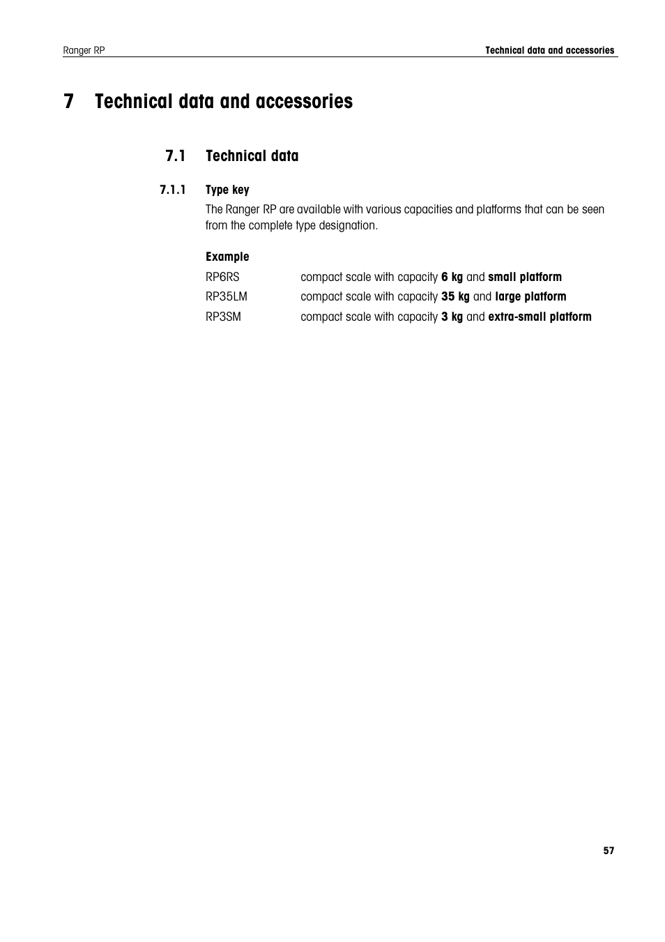 7 technical data and accessories, 1 technical data, 1 type key | Technical data and accessories, Technical data | Ohaus RANGER ADVANCED COMPACT COUNTING SCALES Manual en User Manual | Page 57 / 72