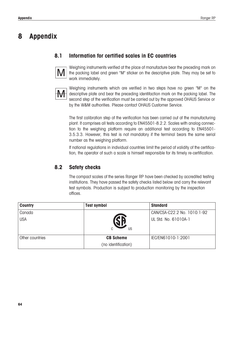 8 appendix, 1 information for certified scales in ec countries, 2 safety checks | Appendix, Information for certified scales in ec countries, Safety checks | Ohaus RANGER ADVANCED COMPACT COUNTING SCALES Manual en User Manual | Page 64 / 72