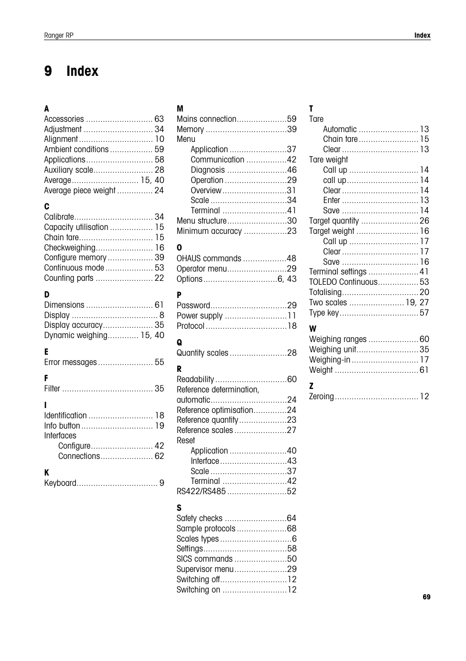 9 index, Index | Ohaus RANGER ADVANCED COMPACT COUNTING SCALES Manual en User Manual | Page 69 / 72