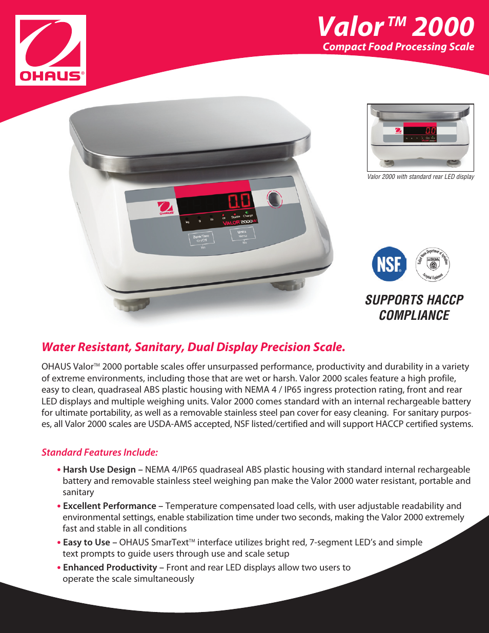 Ohaus Valor 2000 COMPACT FOOD SCALES Data Sheet User Manual | 4 pages