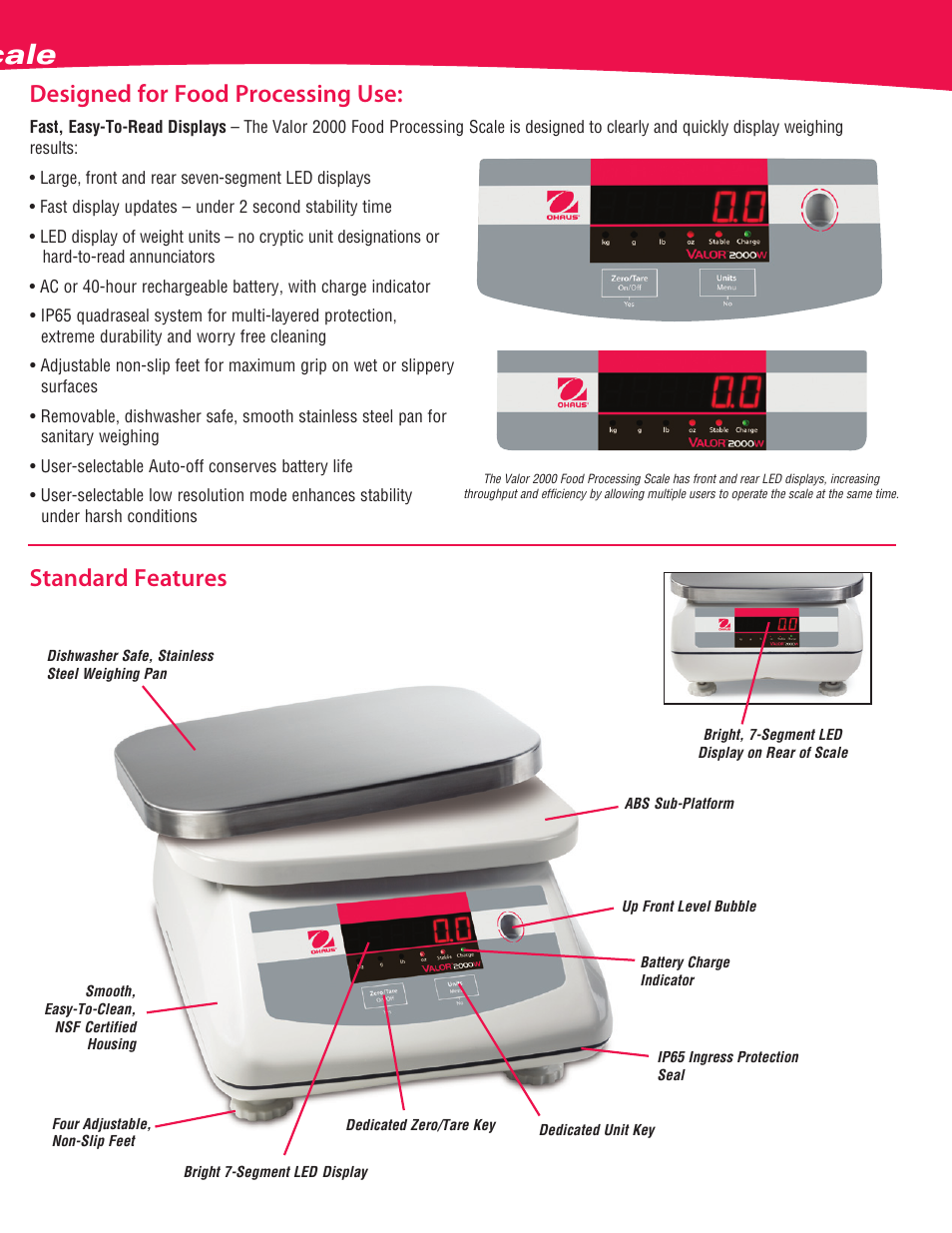 Valor, Compact food processing scale, Designed for food processing use | Standard features | Ohaus Valor 2000 COMPACT FOOD SCALES Data Sheet User Manual | Page 3 / 4