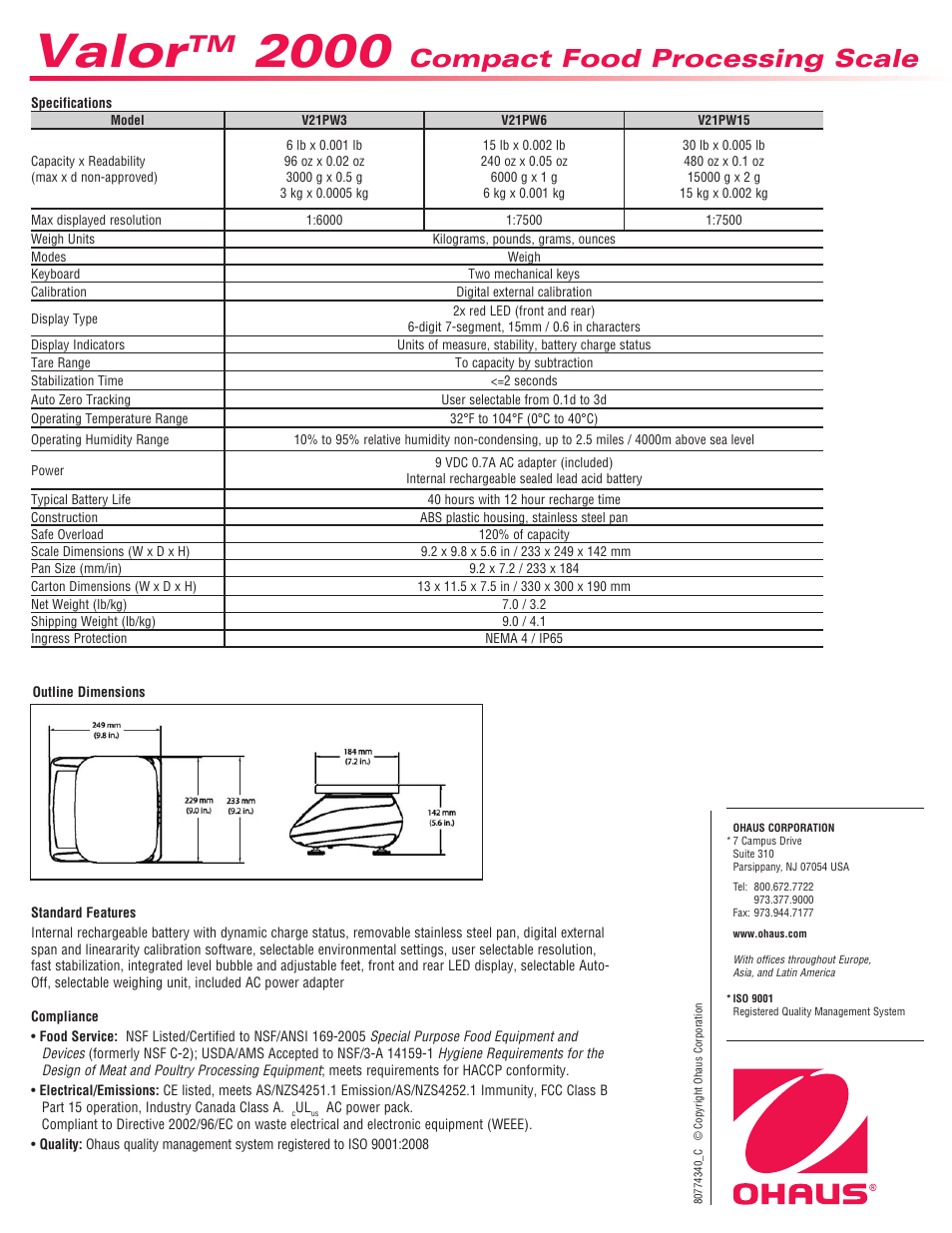 Valor, Compact food processing scale | Ohaus Valor 2000 COMPACT FOOD SCALES Data Sheet User Manual | Page 4 / 4
