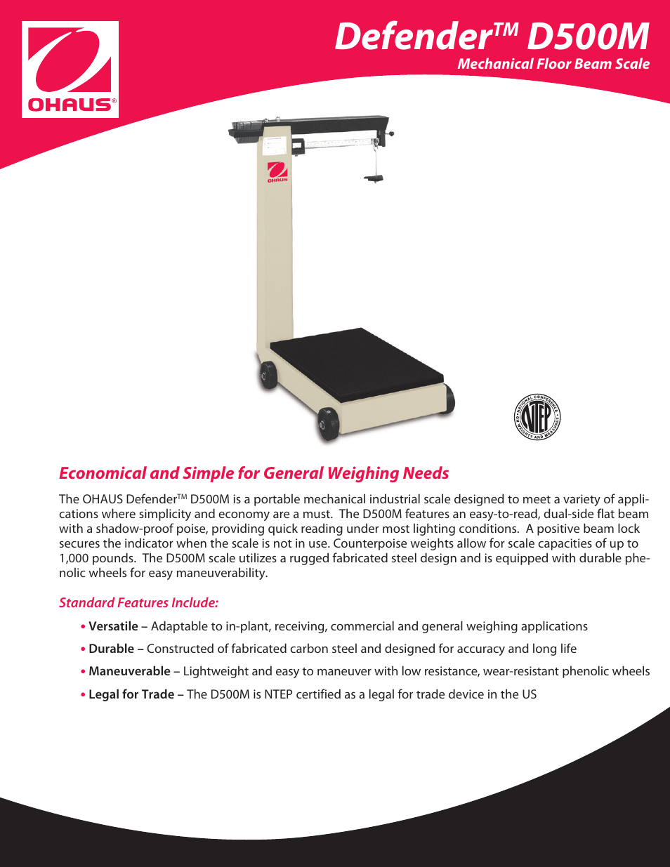 Ohaus DEFENDER D500M MECHANICAL BENCH SCALE Data Sheet User Manual | 2 pages