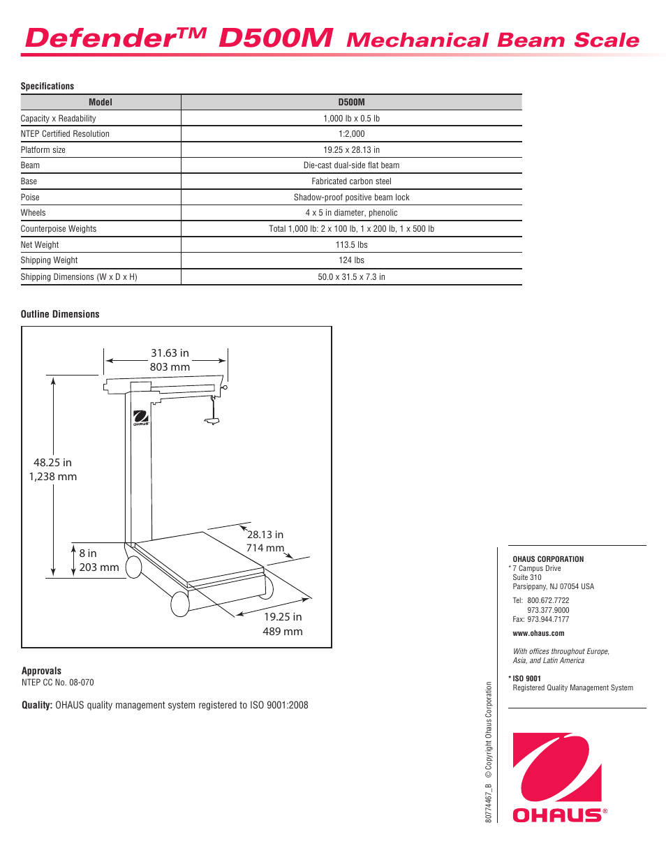 Defender, D500m, Mechanical beam scale | Ohaus DEFENDER D500M MECHANICAL BENCH SCALE Data Sheet User Manual | Page 2 / 2