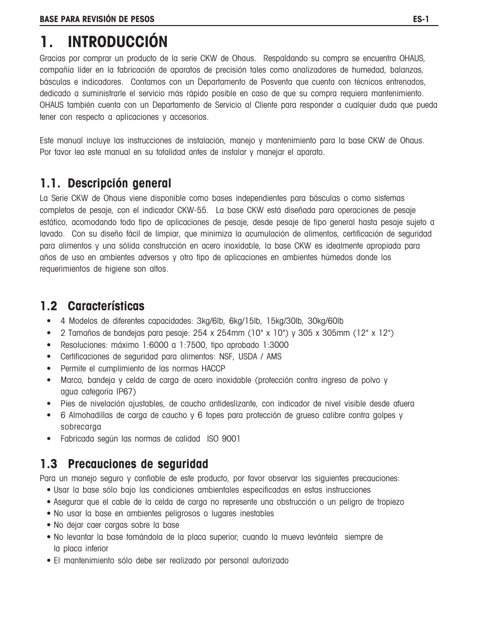 Introducción, Descripción general, 2 características | 3 precauciones de seguridad | Ohaus CKW BASE Manual multi User Manual | Page 12 / 40