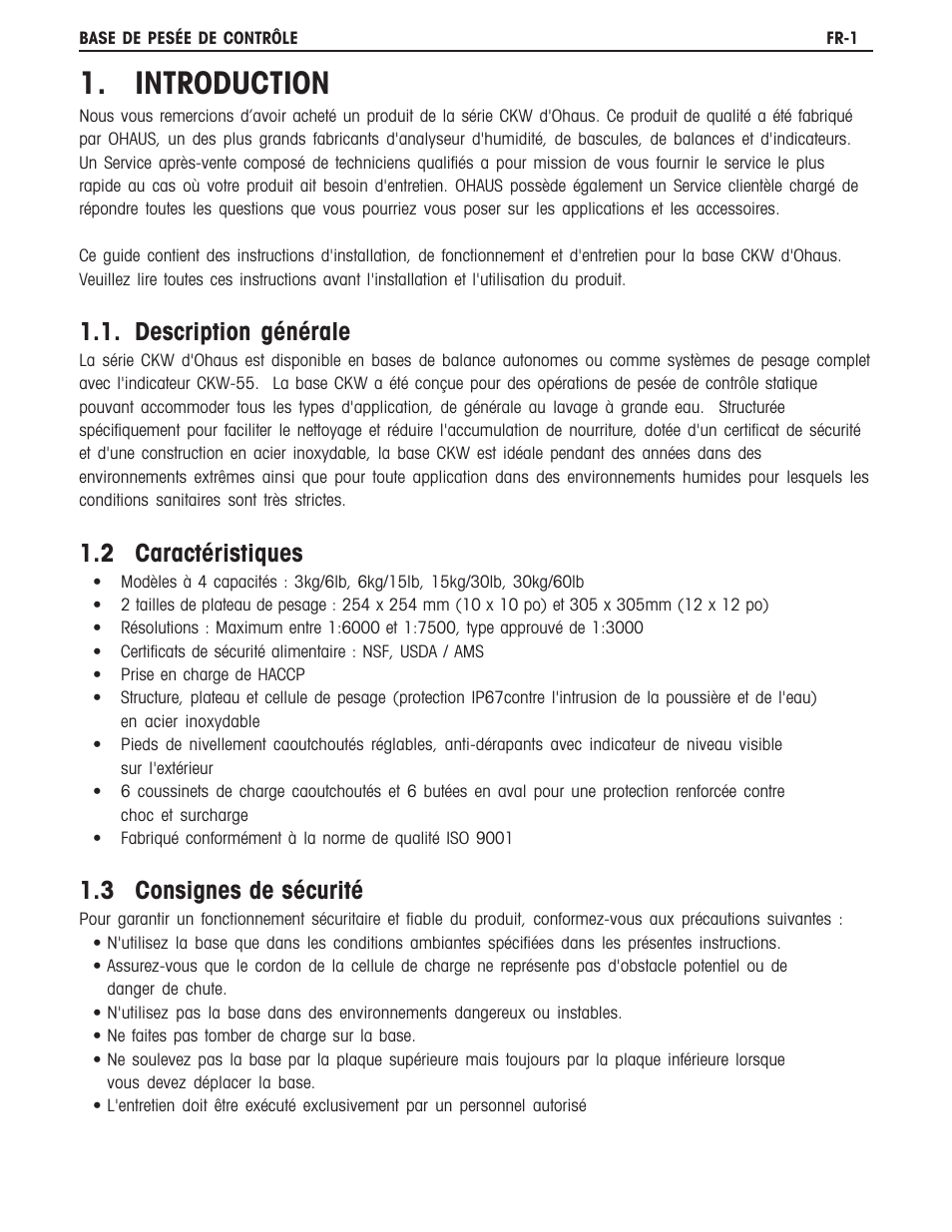 Introduction, Description générale, 2 caractéristiques | 3 consignes de sécurité | Ohaus CKW BASE Manual multi User Manual | Page 19 / 40