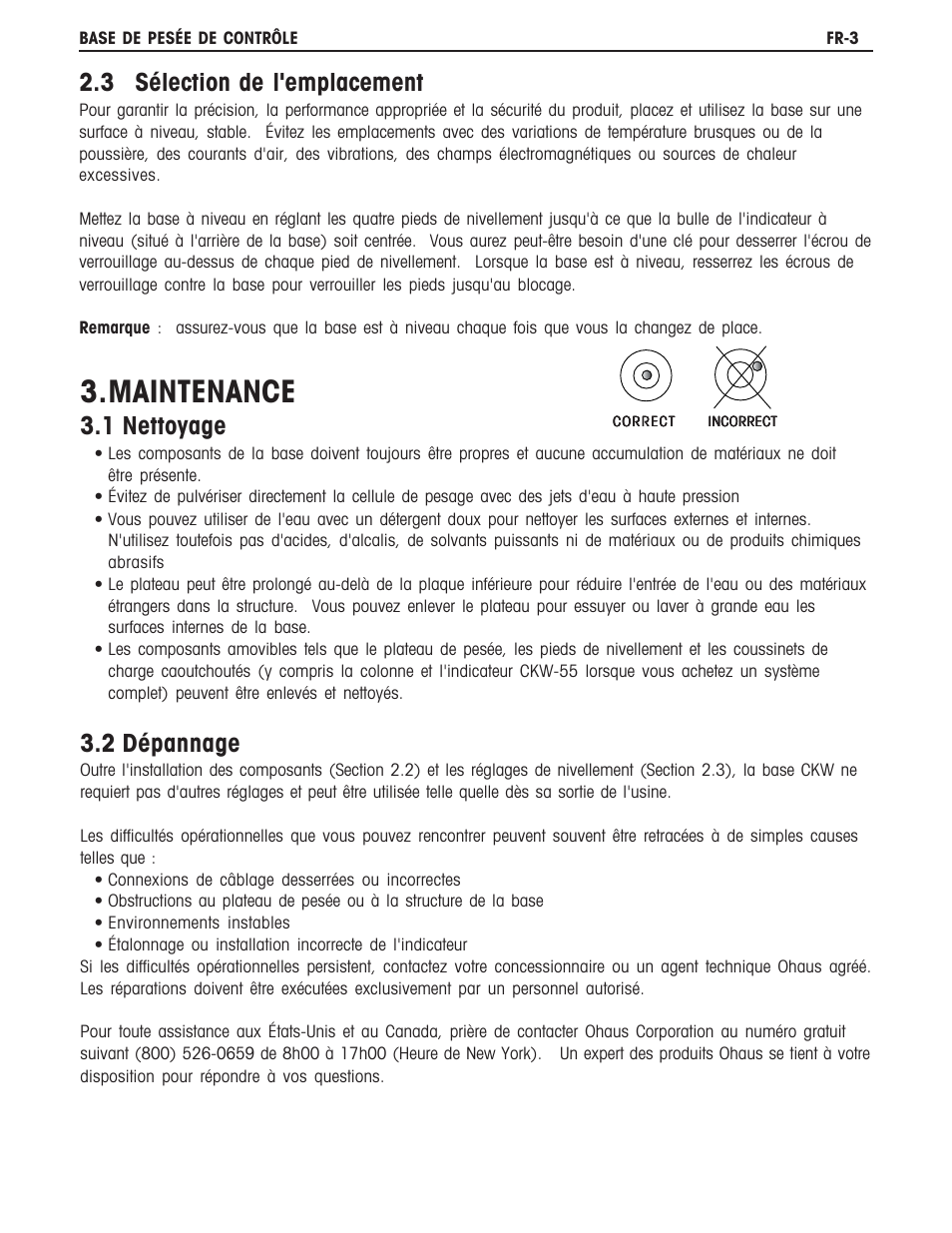 Maintenance, 3 sélection de l'emplacement, 1 nettoyage | 2 dépannage | Ohaus CKW BASE Manual multi User Manual | Page 21 / 40