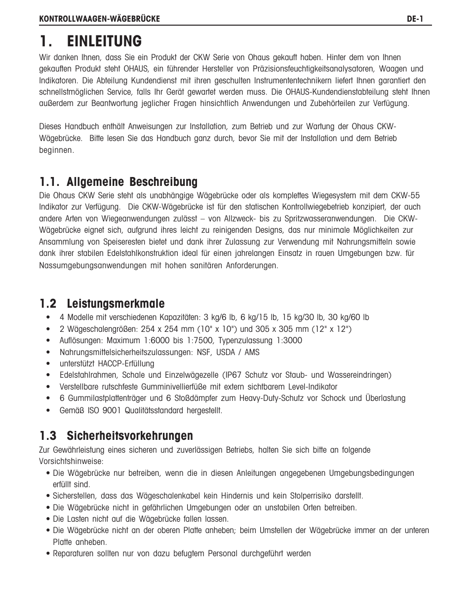 Einleitung, Allgemeine beschreibung, 2 leistungsmerkmale | 3 sicherheitsvorkehrungen | Ohaus CKW BASE Manual multi User Manual | Page 26 / 40