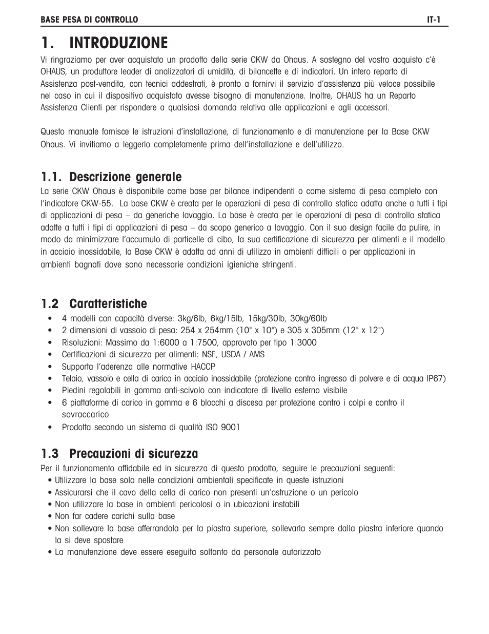 Introduzione, Descrizione generale, 2 caratteristiche | 3 precauzioni di sicurezza | Ohaus CKW BASE Manual multi User Manual | Page 33 / 40