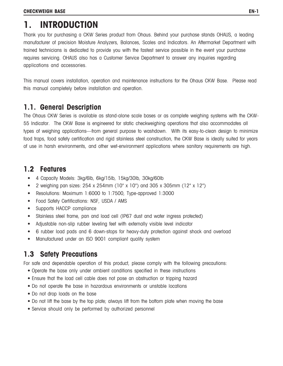 Introduction, General description, 2 features | 3 safety precautions | Ohaus CKW BASE Manual multi User Manual | Page 5 / 40
