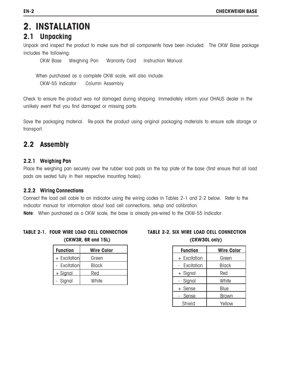 Installation, 1 unpacking, 2 assembly | Ohaus CKW BASE Manual multi User Manual | Page 6 / 40