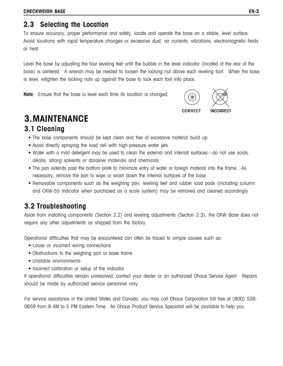 Maintenance, 3 selecting the location, 1 cleaning | 2 troubleshooting | Ohaus CKW BASE Manual multi User Manual | Page 7 / 40