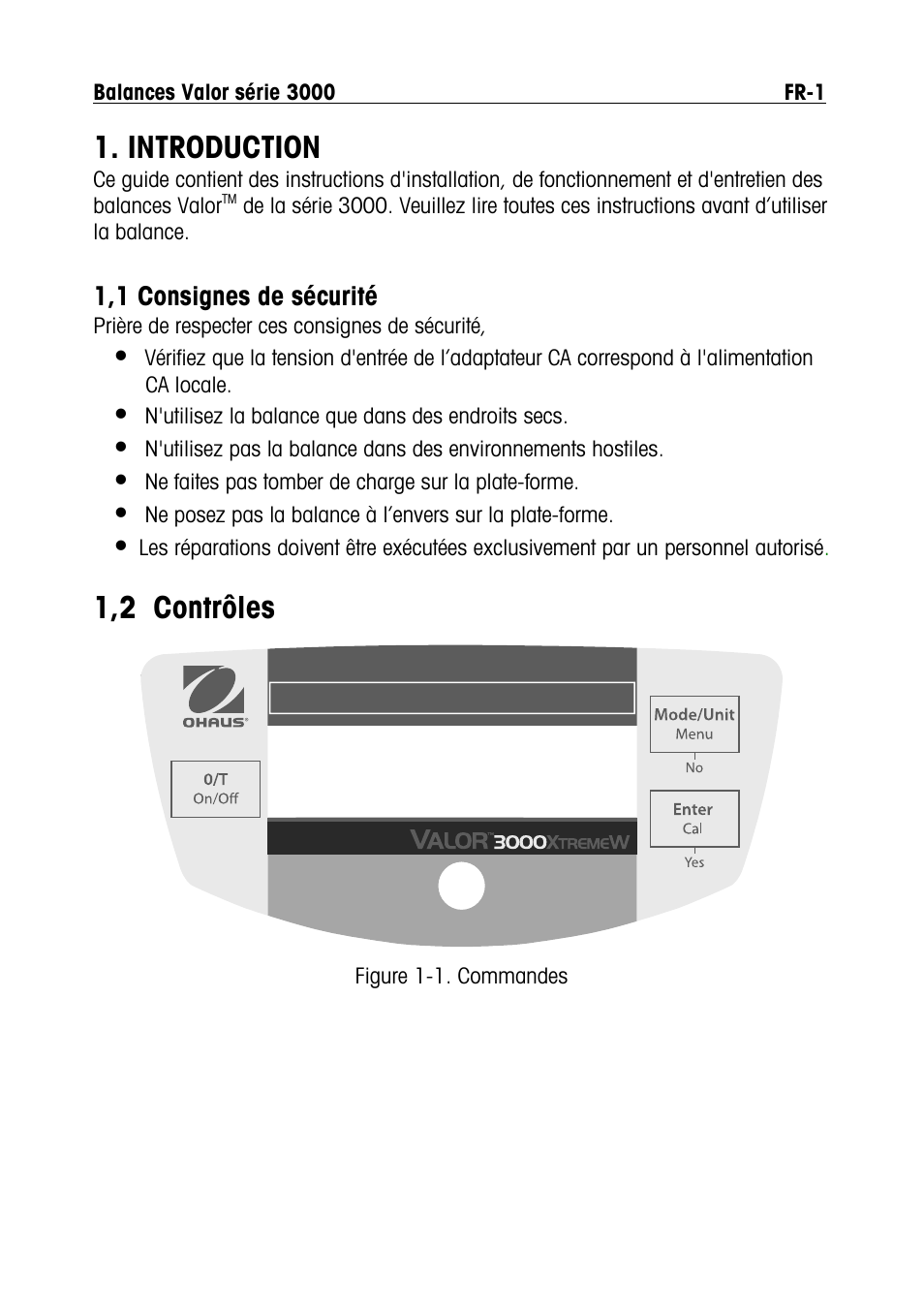 Valor 3000 fr_d.pdf, Introduction, 1,2 contrôles | Ohaus Valor 3000 COMPACT FOOD SCALES Manual multi User Manual | Page 43 / 104