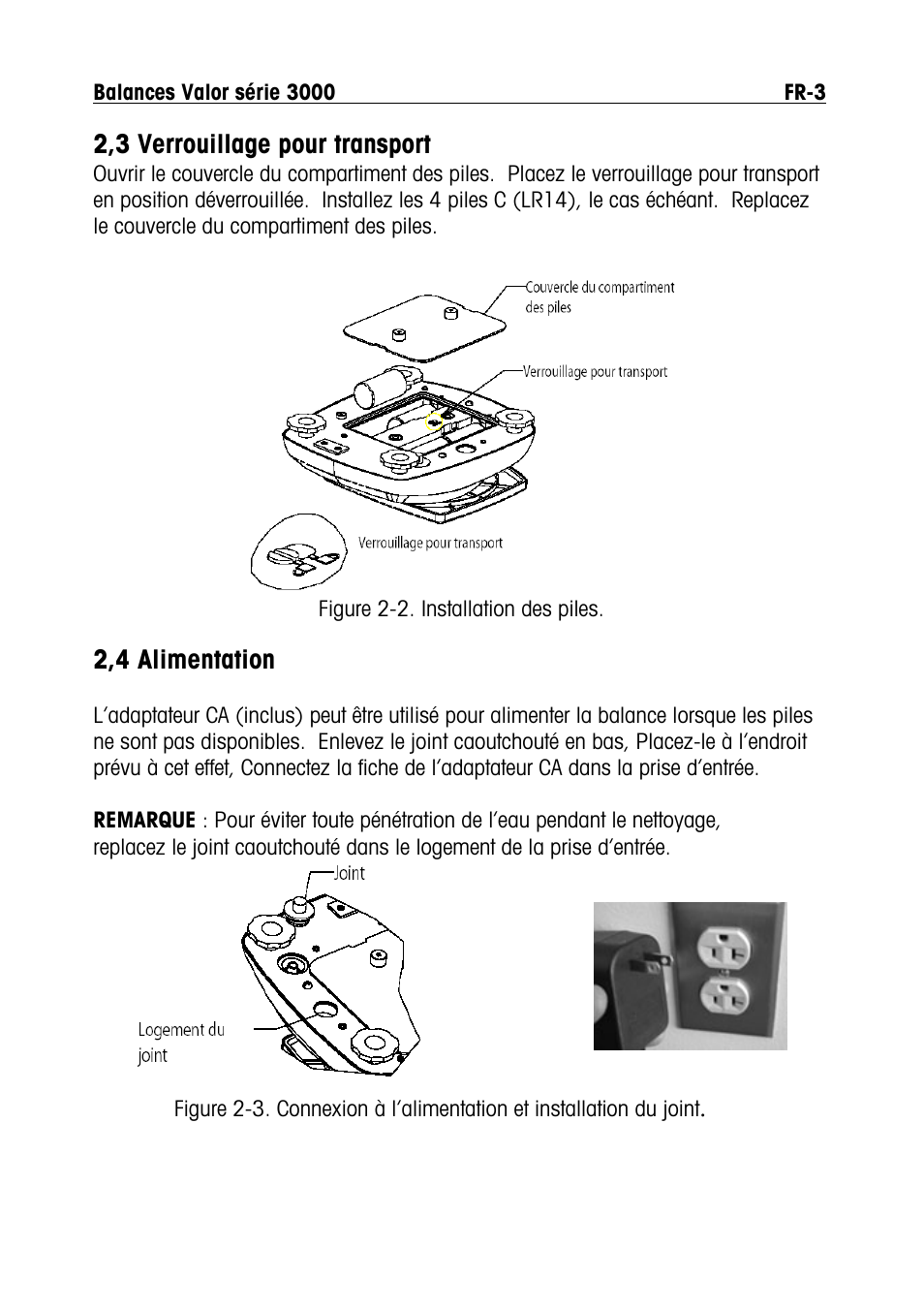 2,3 verrouillage pour transport, 2,4 alimentation | Ohaus Valor 3000 COMPACT FOOD SCALES Manual multi User Manual | Page 45 / 104