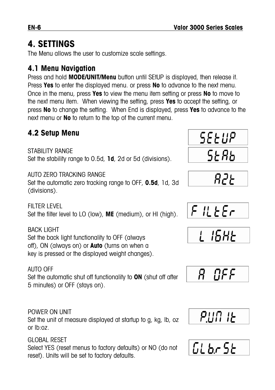 Settings, 1 menu navigation, 2 setup menu | Ohaus Valor 3000 COMPACT FOOD SCALES Manual multi User Manual | Page 8 / 104