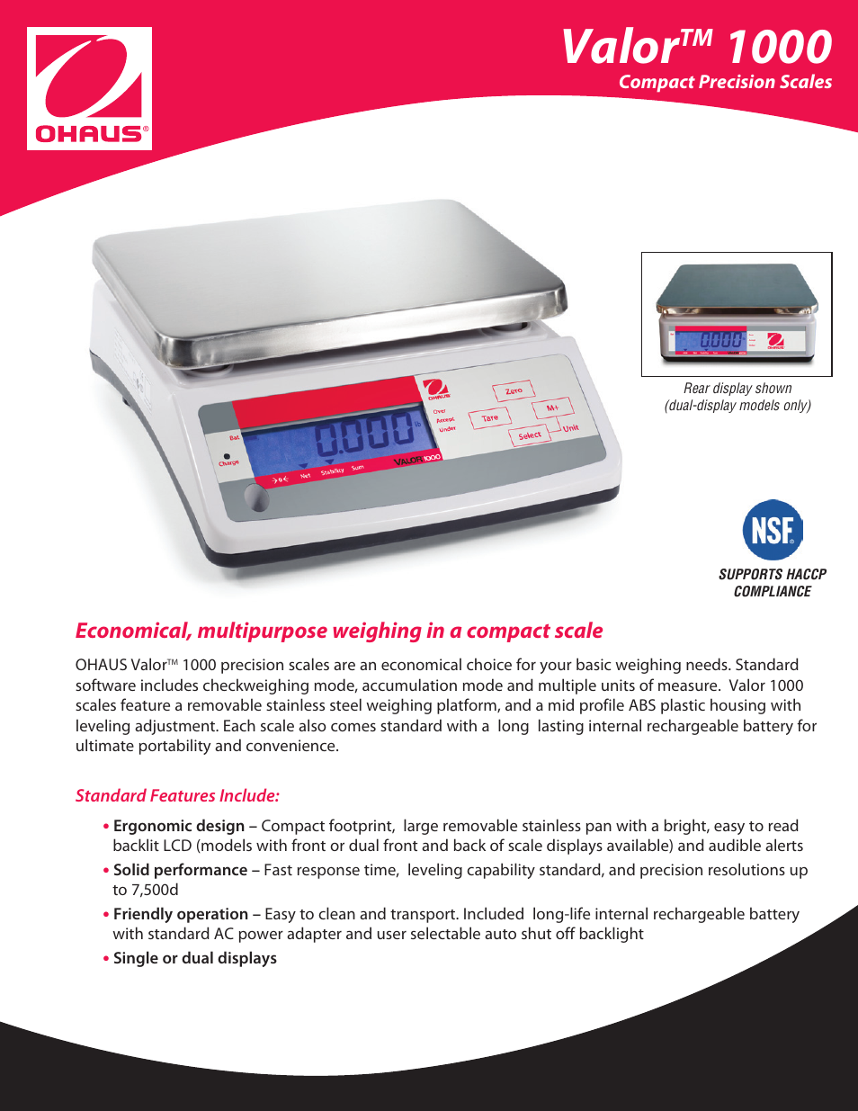 Ohaus Valor 1000 COMPACT FOOD SCALES Data Sheet User Manual | 2 pages