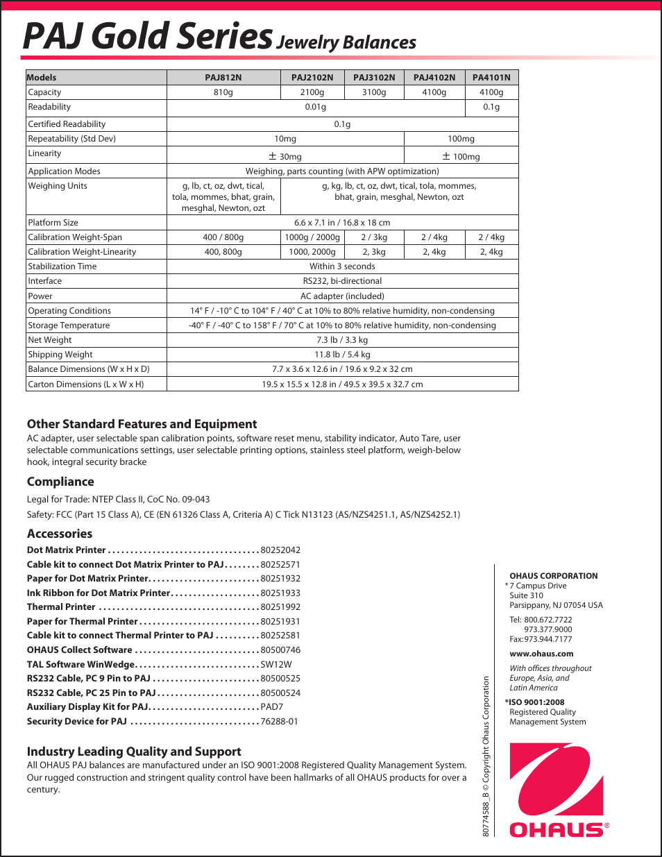 Paj gold series, Jewelry balances, Other standard features and equipment | Compliance, Accessories, Industry leading quality and support | Ohaus PAJ GOLD PLUS PRECISION JEWELRY BALANCES Data Sheet User Manual | Page 4 / 4