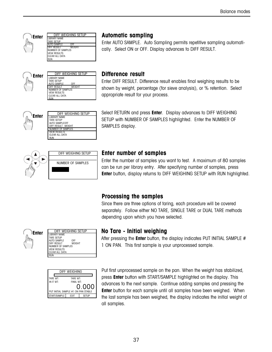 Processing the samples, Automatic sampling, Difference result | Enter number of samples, No tare - initial weighing, Enter | Ohaus Voyager Balances User Manual | Page 101 / 329