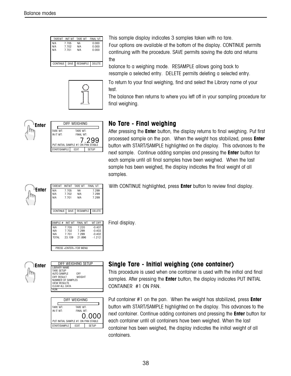 No tare - final weighing, Single tare - initial weighing (one container), Enter | Final display | Ohaus Voyager Balances User Manual | Page 102 / 329