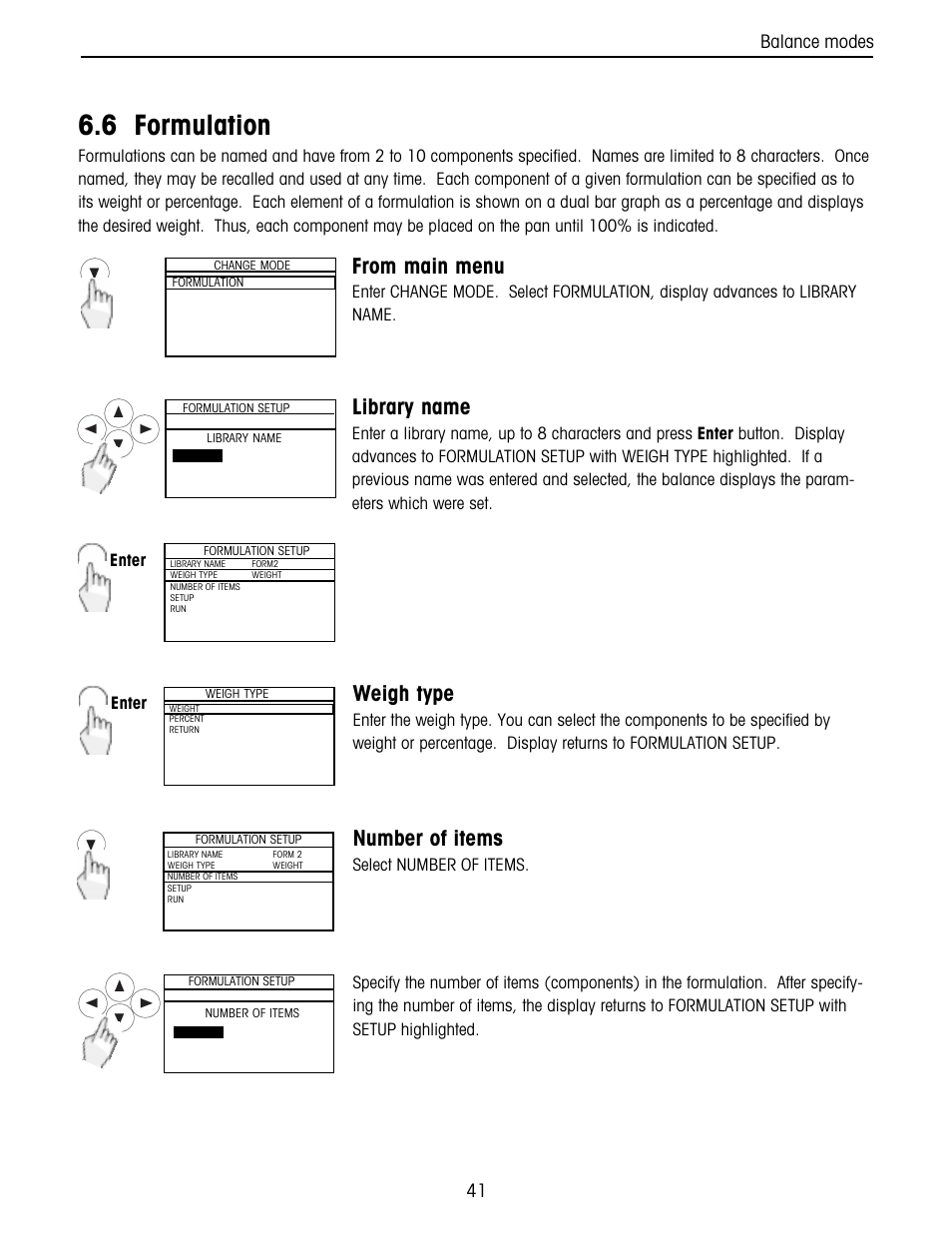 Formulation, 6 formulation, Library name | Weigh type, Number of items, Balance modes, Select number of items, Enter | Ohaus Voyager Balances User Manual | Page 105 / 329