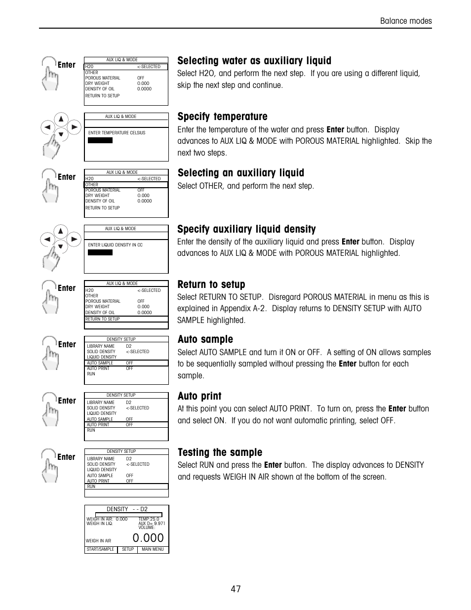 Selecting water as auxiliary liquid, Specify temperature, Selecting an auxiliary liquid | Specify auxiliary liquid density, Return to setup, Auto sample, Auto print, Testing the sample, Enter, Select other, and perform the next step | Ohaus Voyager Balances User Manual | Page 111 / 329