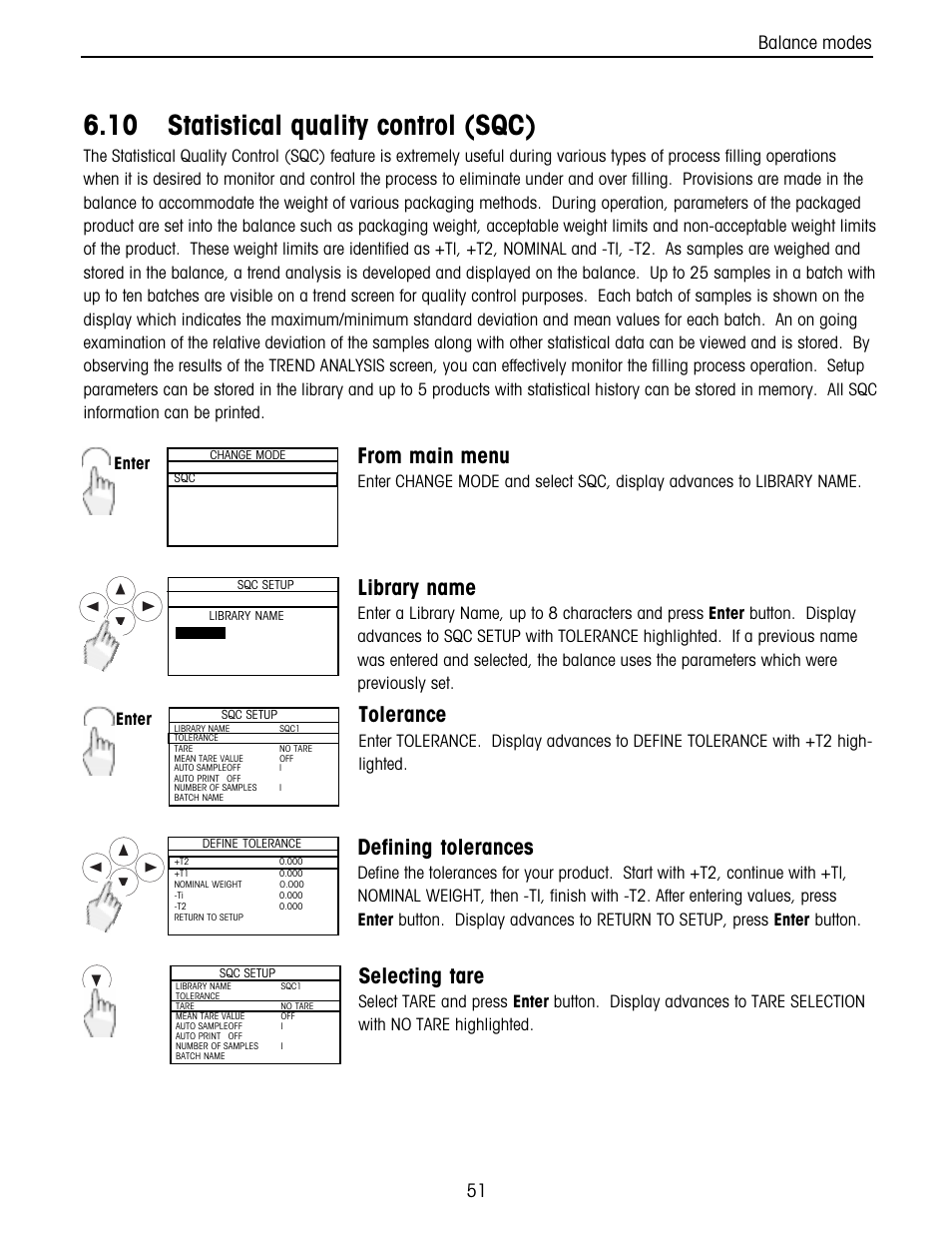 10 statistical quality control (sqc), Library name, Tolerance | Defining tolerances, Selecting tare, Balance modes, Enter | Ohaus Voyager Balances User Manual | Page 115 / 329