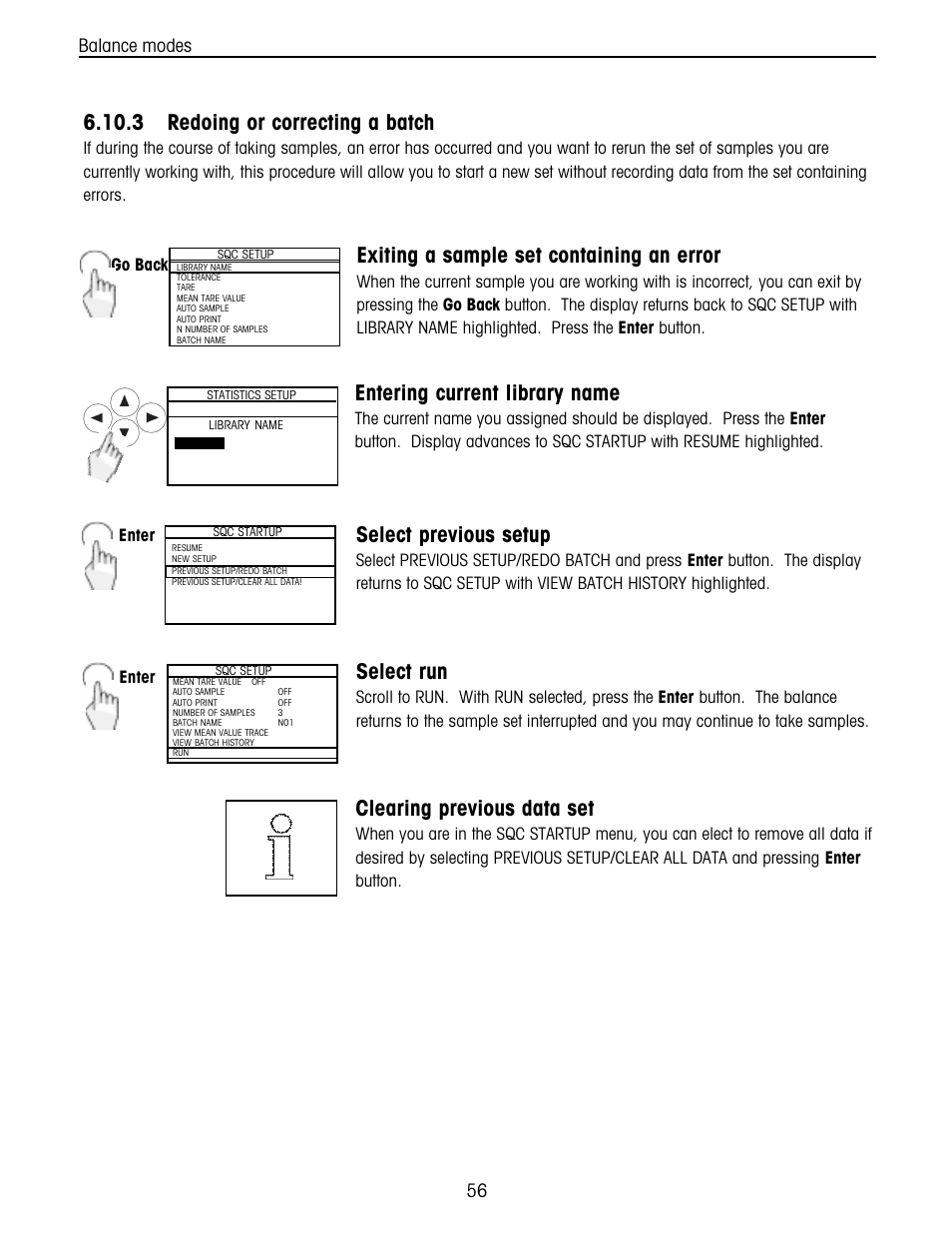 3 redoing or correcting a batch, Entering current library name, Exiting a sample set containing an error | Select previous setup, Select run, Clearing previous data set, Balance modes, Go back, Enter | Ohaus Voyager Balances User Manual | Page 120 / 329