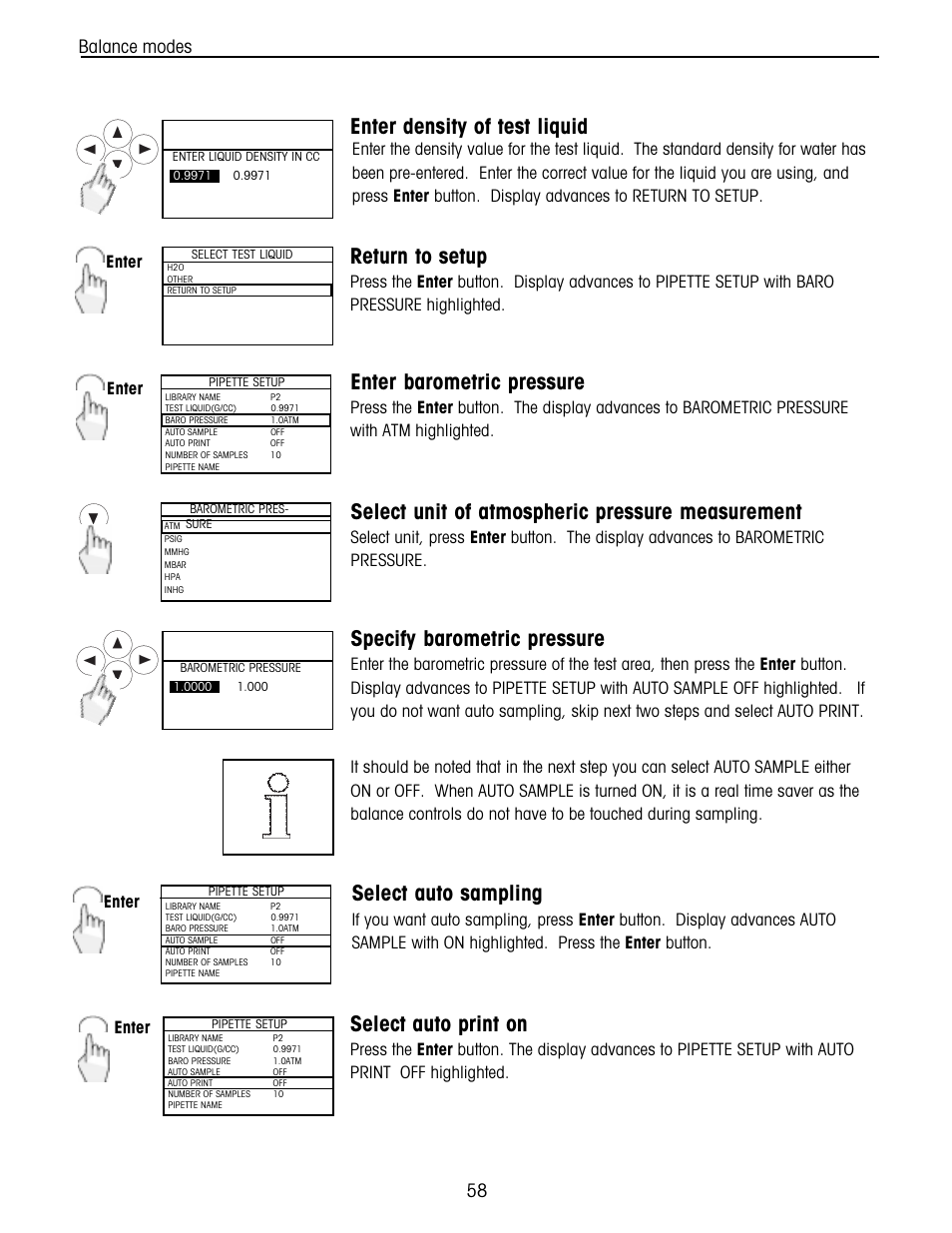 Enter density of test liquid, Return to setup, Enter barometric pressure | Select unit of atmospheric pressure measurement, Select auto sampling, Specify barometric pressure, Select auto print on, Balance modes, Enter | Ohaus Voyager Balances User Manual | Page 122 / 329