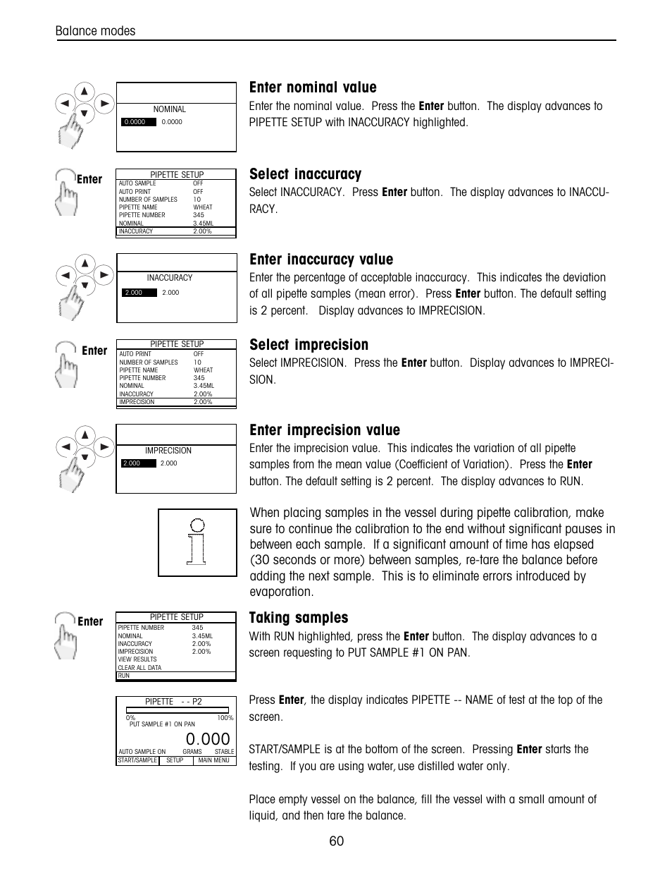 Enter nominal value, Select inaccuracy, Select imprecision | Enter imprecision value, Enter inaccuracy value, Taking samples, Balance modes, Enter | Ohaus Voyager Balances User Manual | Page 124 / 329