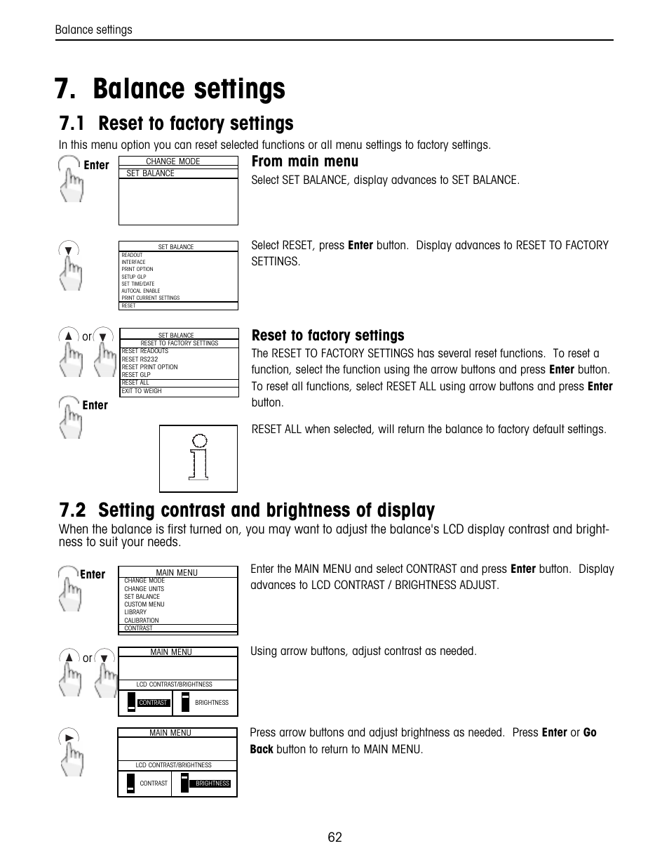 Balance settings, Reset to factory settings, Setting contrast and brightness of the display | 1 reset to factory settings, 2 setting contrast and brightness of display | Ohaus Voyager Balances User Manual | Page 126 / 329