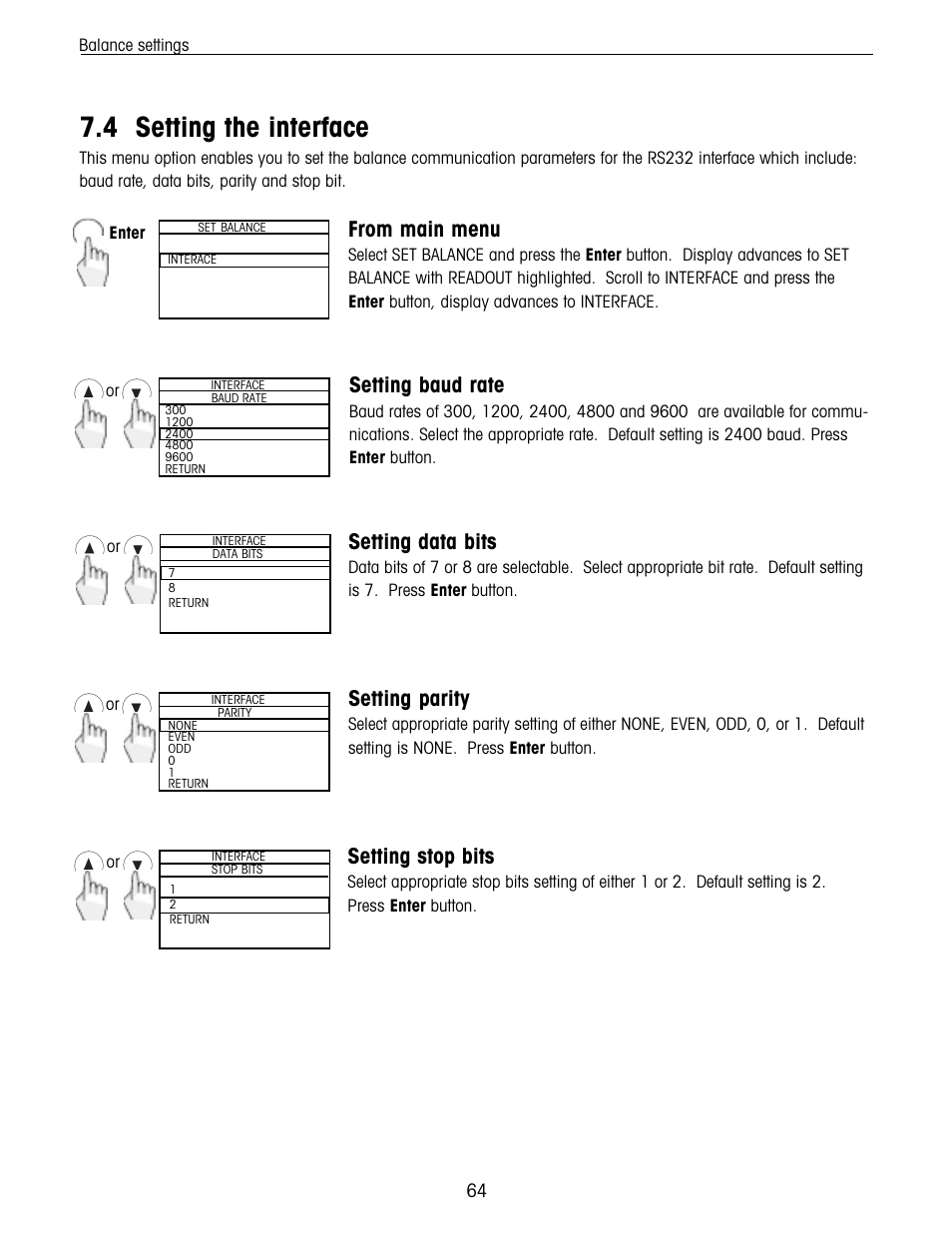 Rs232 parameters, Setting the interface, 4 setting the interface | Setting baud rate, Setting data bits, Setting parity, Setting stop bits | Ohaus Voyager Balances User Manual | Page 128 / 329