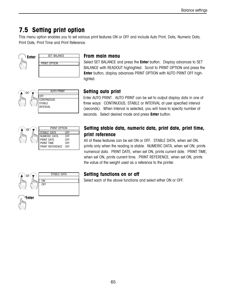 Setting print option, 5 setting print option, Setting auto print | Setting functions on or off | Ohaus Voyager Balances User Manual | Page 129 / 329