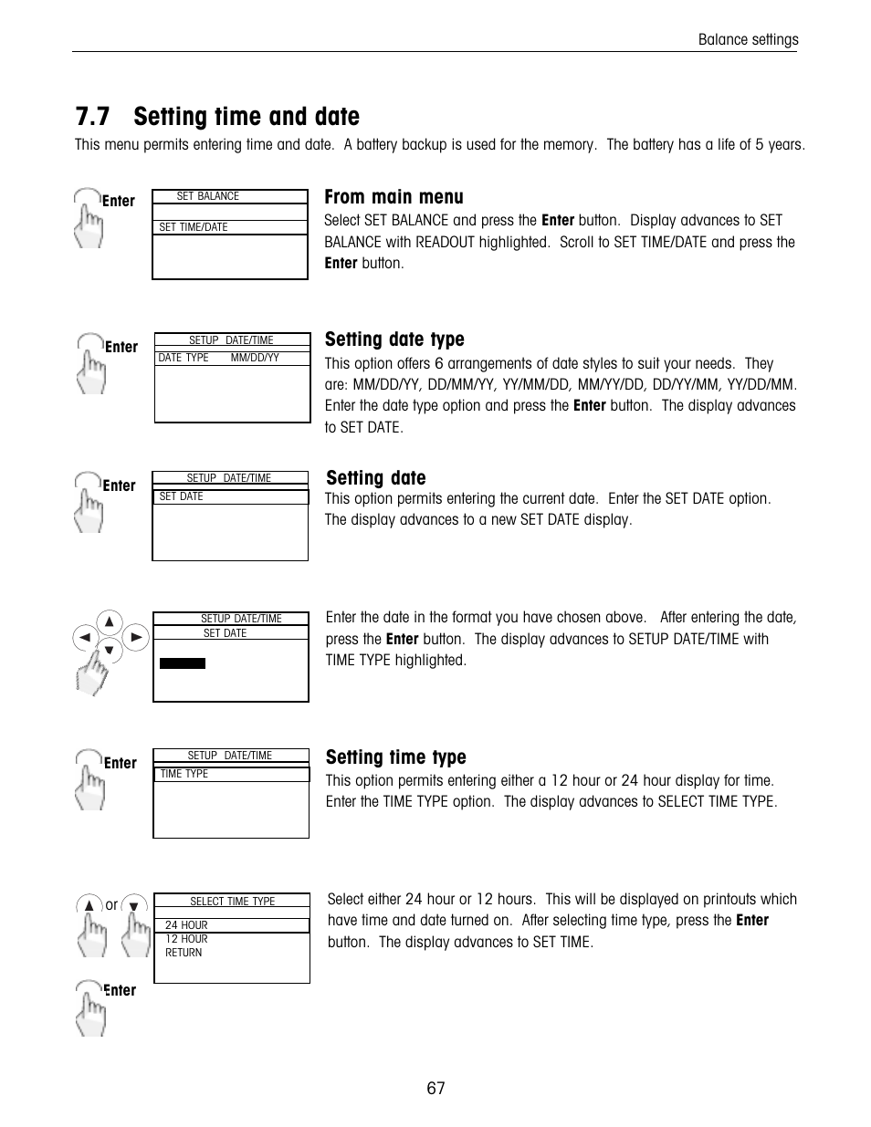 Setting time and date, 7 setting time and date, Setting date type | Setting date, Setting time type | Ohaus Voyager Balances User Manual | Page 131 / 329