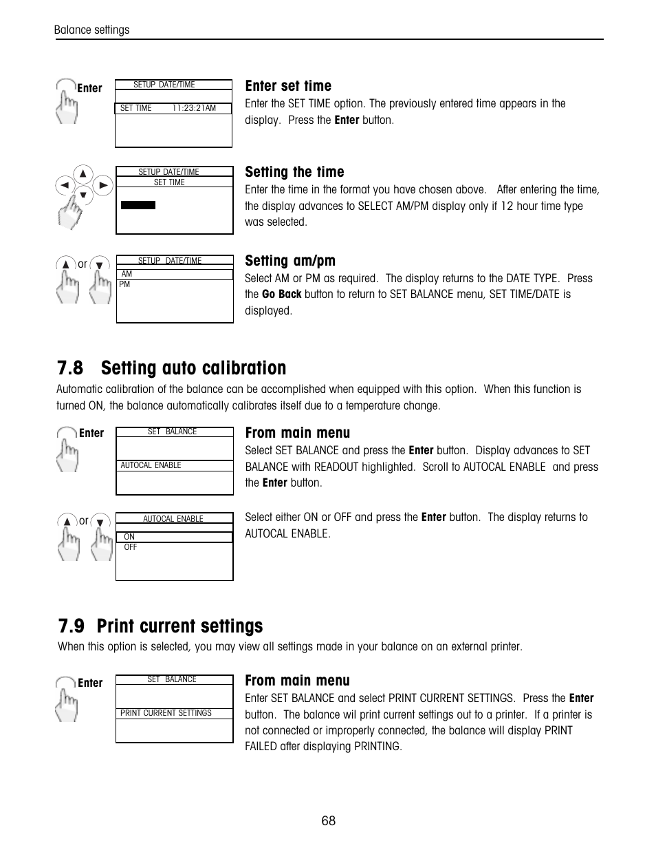 Setting auto calibration, Print current settings, 8 setting auto calibration | 9 print current settings, Setting am/pm, Setting the time, Enter set time | Ohaus Voyager Balances User Manual | Page 132 / 329