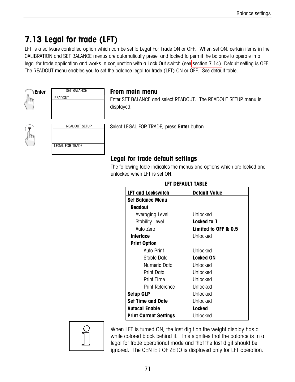 13 legal for trade, 13 legal for trade (lft), Legal for trade default settings | Ohaus Voyager Balances User Manual | Page 135 / 329