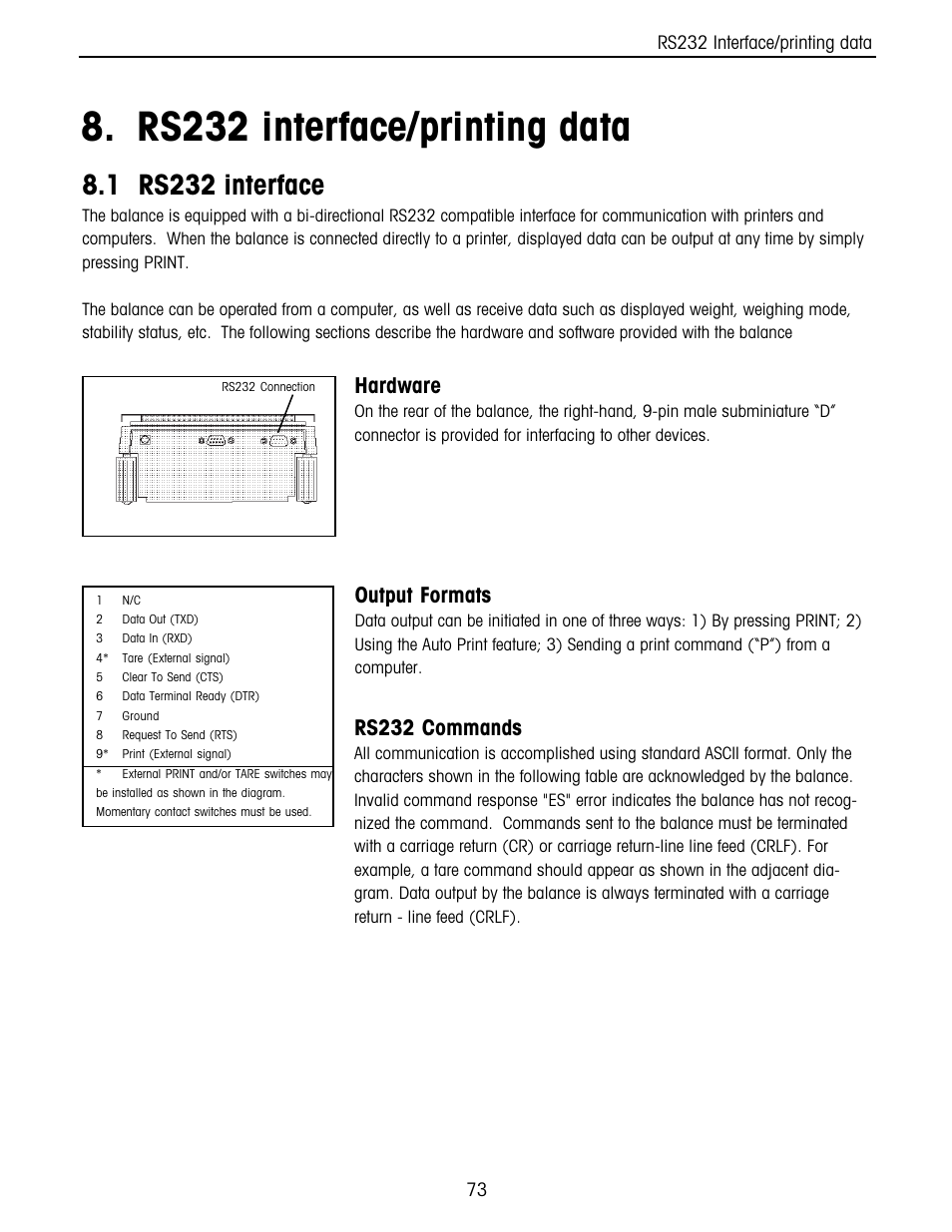 Rs232 interface, Rs232 interface/printing data, 1 rs232 interface | Hardware, Rs232 commands, Output formats | Ohaus Voyager Balances User Manual | Page 137 / 329