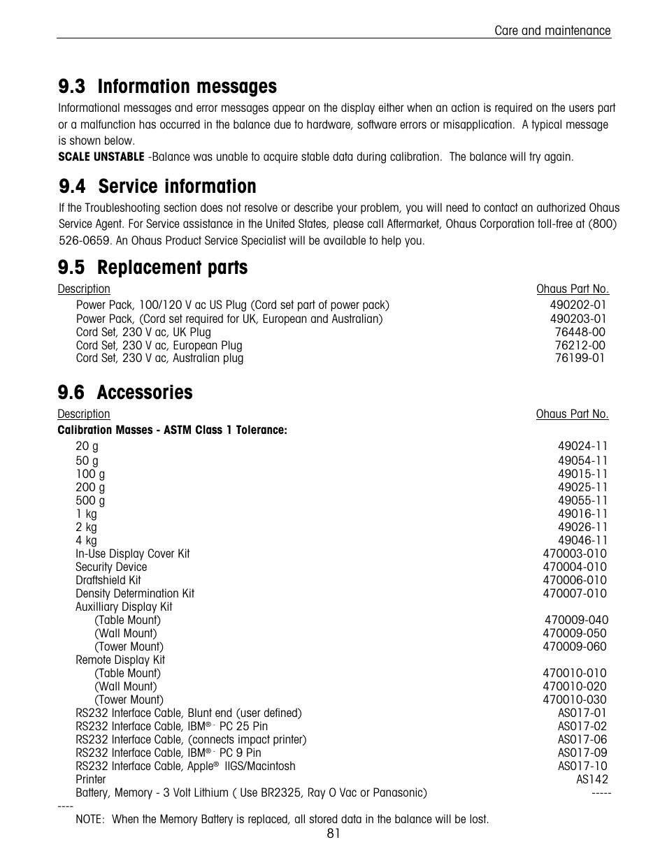 Information message, Information messages, Service information | Replacement parts, Accessories, 4 service information, 3 information messages, 6 accessories, 5 replacement parts | Ohaus Voyager Balances User Manual | Page 145 / 329