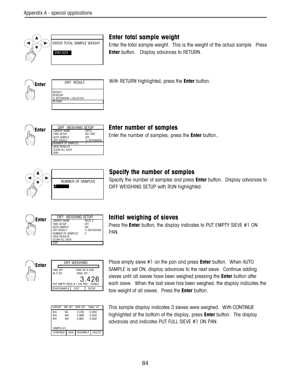 Enter total sample weight, Enter number of samples, Specify the number of samples | Initial weighing of sieves, Enter, Enter appendix a - special applications | Ohaus Voyager Balances User Manual | Page 148 / 329