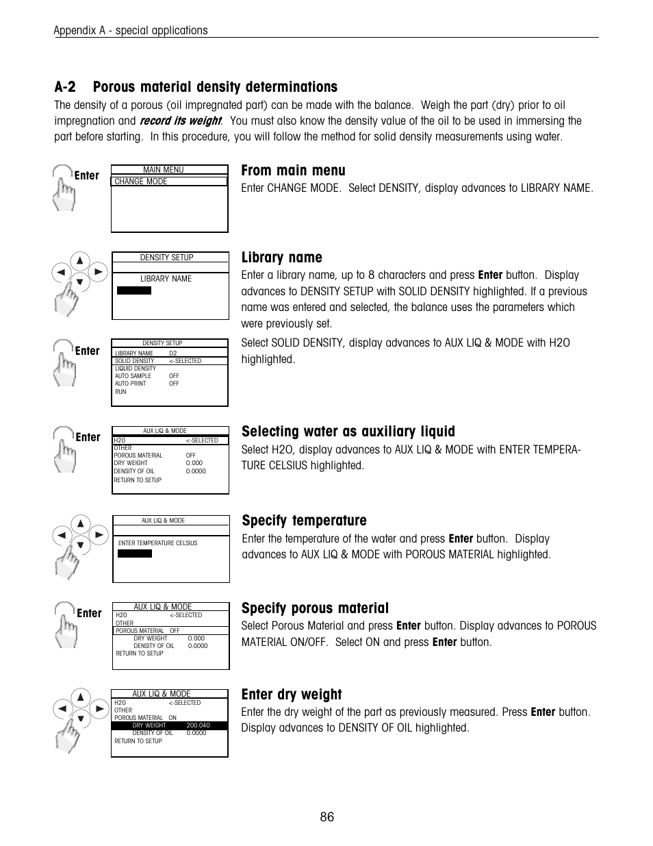 Porous material density determinations, A-2 porous material density determinations, Library name | Selecting water as auxiliary liquid, Specify temperature, Specify porous material, Enter dry weight, Enter | Ohaus Voyager Balances User Manual | Page 150 / 329