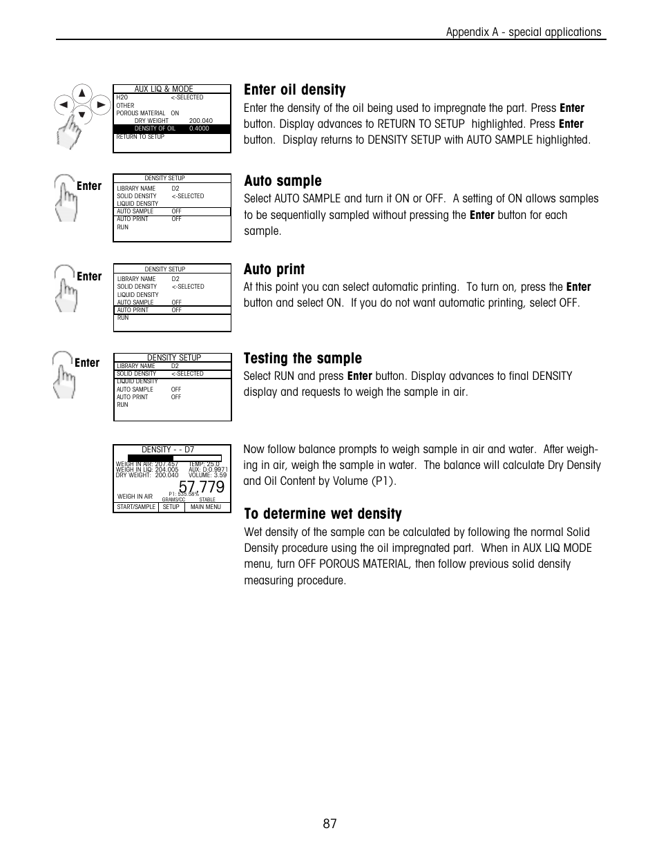 Enter oil density, Testing the sample, Auto sample | Auto print, Enter | Ohaus Voyager Balances User Manual | Page 151 / 329