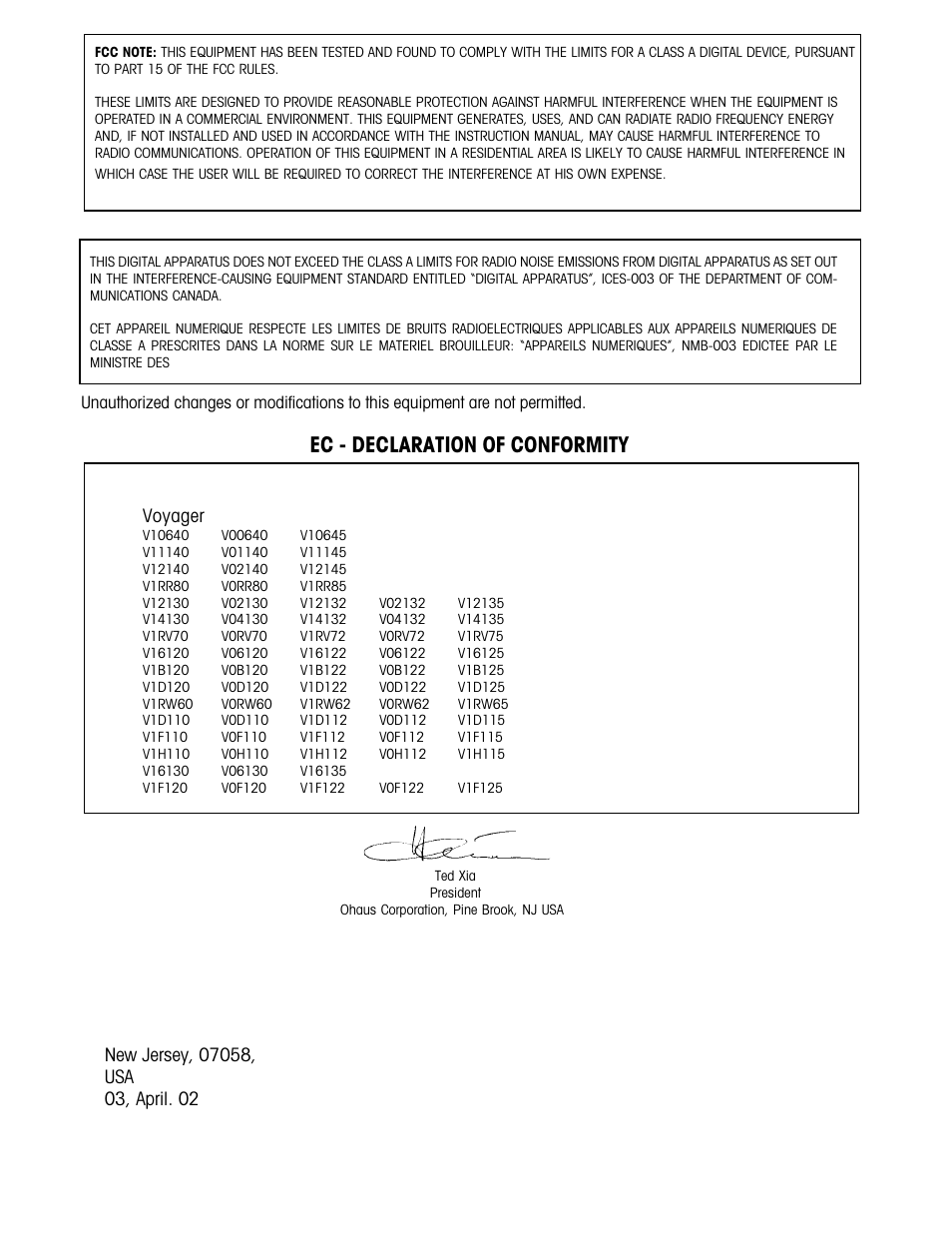 Ec - declaration of conformity, Voyager | Ohaus Voyager Balances User Manual | Page 157 / 329