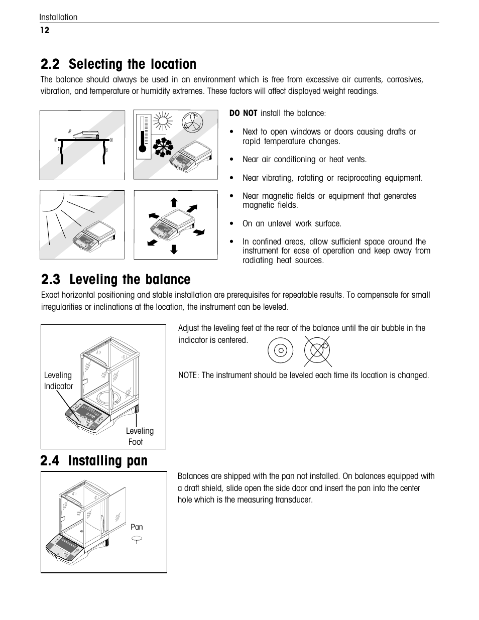 Selecting the location, Leveling the balance, Installing pan | 2 selecting the location, 3 leveling the balance, 4 installing pan, 12 installation | Ohaus Voyager Balances User Manual | Page 165 / 329