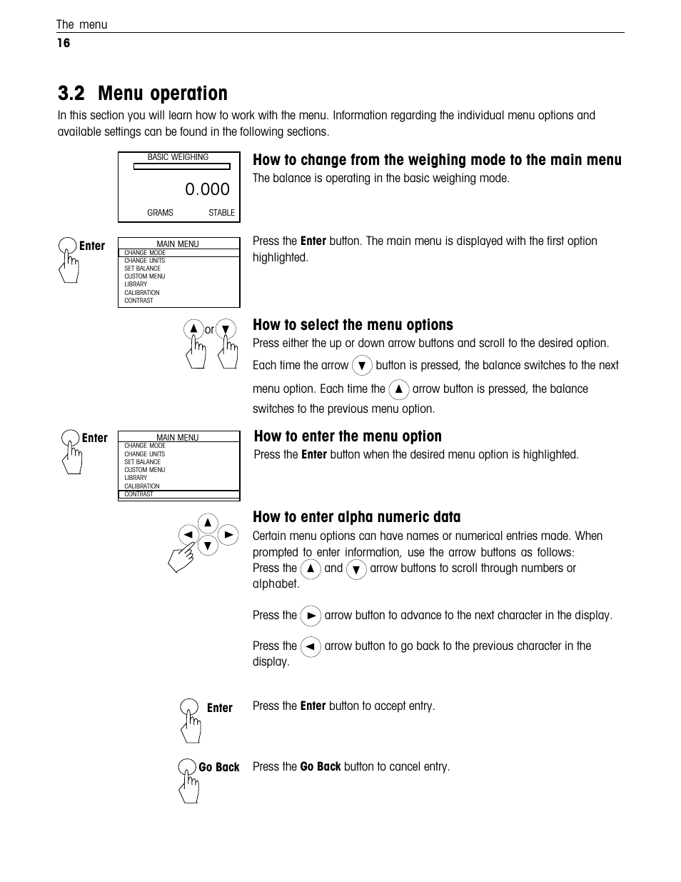 Menu operation, 2menu operation, How to select the menu options | How to enter the menu option, How to enter alpha numeric data | Ohaus Voyager Balances User Manual | Page 169 / 329