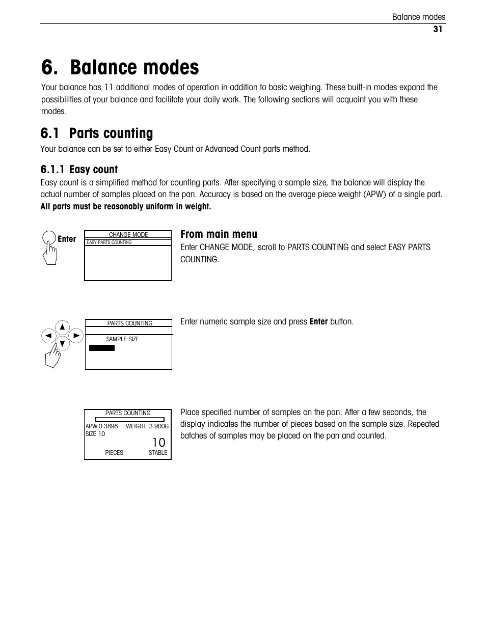 Balance modes, Parts counting 6.1.1 easy count, 1 parts counting | 1 easy count | Ohaus Voyager Balances User Manual | Page 184 / 329