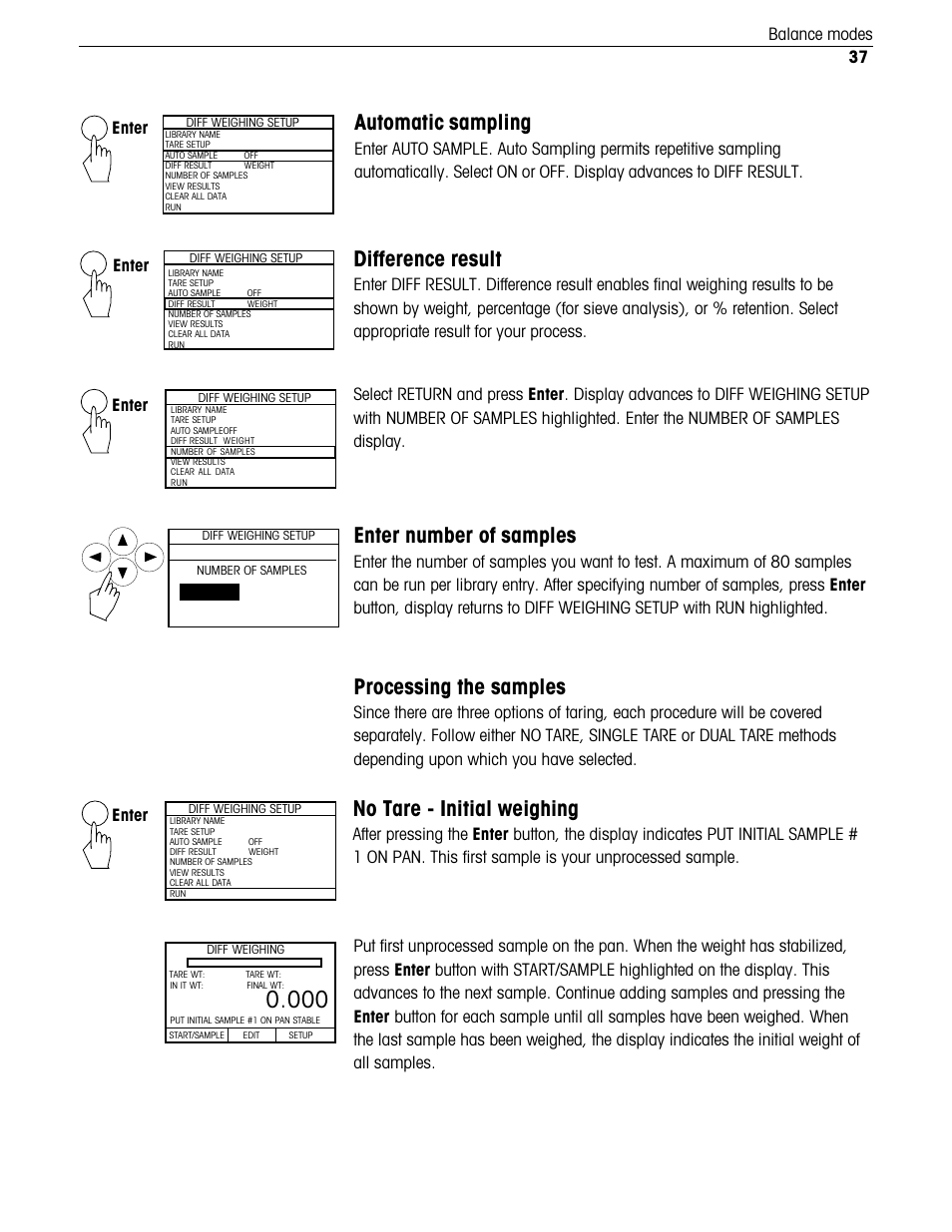 Processing the samples, Automatic sampling, Difference result | Enter number of samples, No tare - initial weighing, 37 balance modes, Enter | Ohaus Voyager Balances User Manual | Page 190 / 329