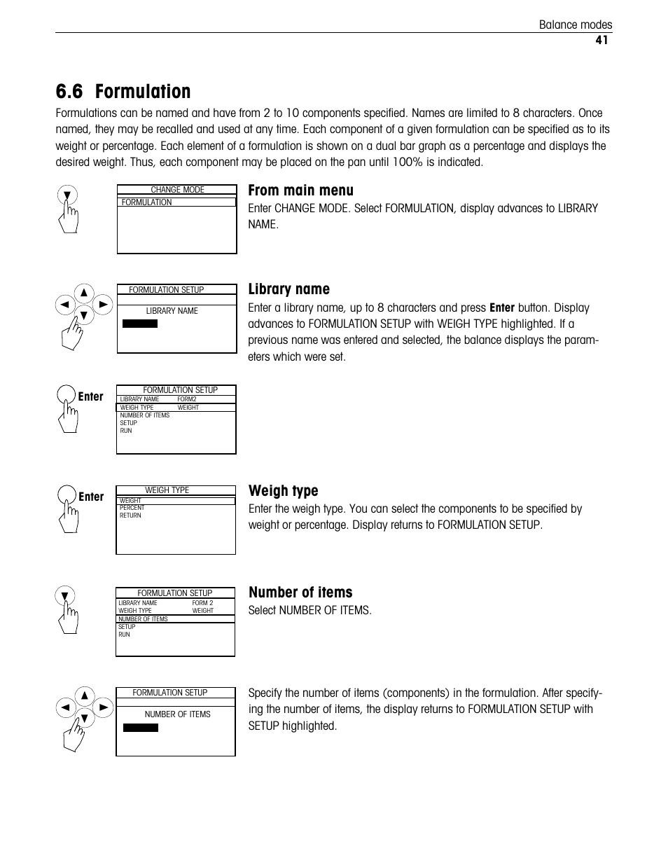 Formulation, 6 formulation, Library name | Weigh type, Number of items, 41 balance modes, Select number of items, Enter | Ohaus Voyager Balances User Manual | Page 194 / 329